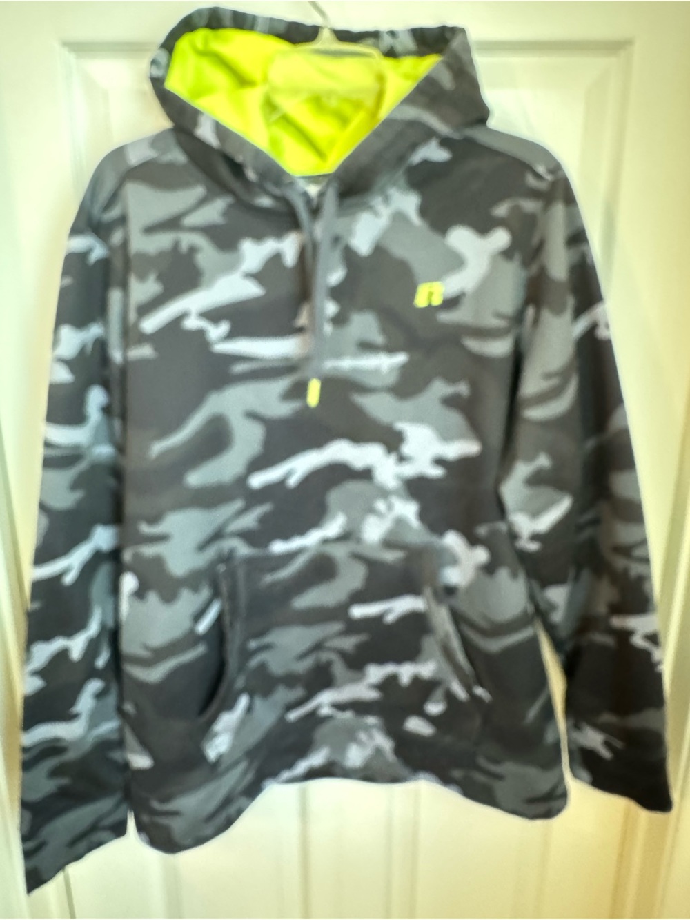 Russell Athletic Gray Fleece Pullover with Neon Accents - Men's Size L (42-44).